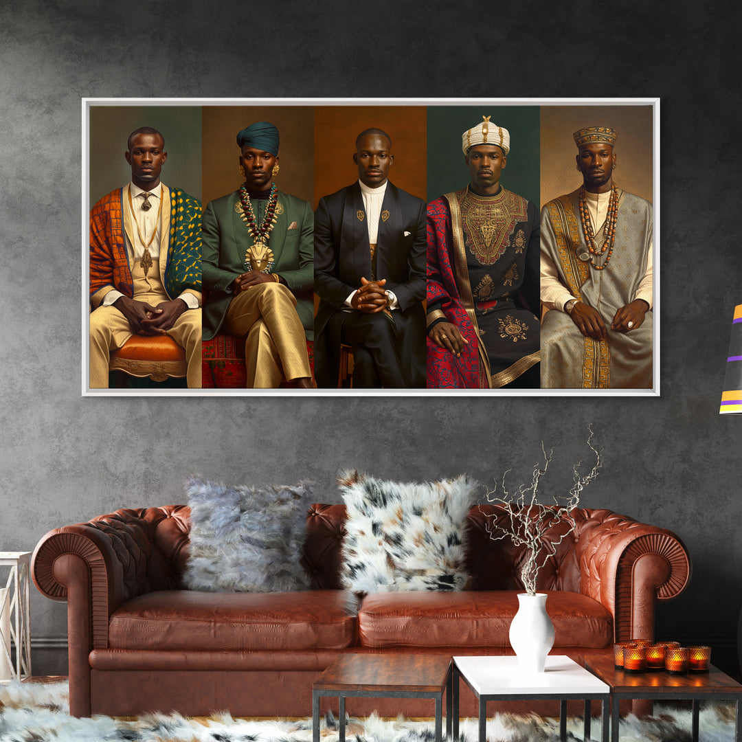 Five Regal African Kings Framed Canvas Print, Royal Portrait Wall Art, Black Men Cultural Decor, Afrocentric Home Decor Gift