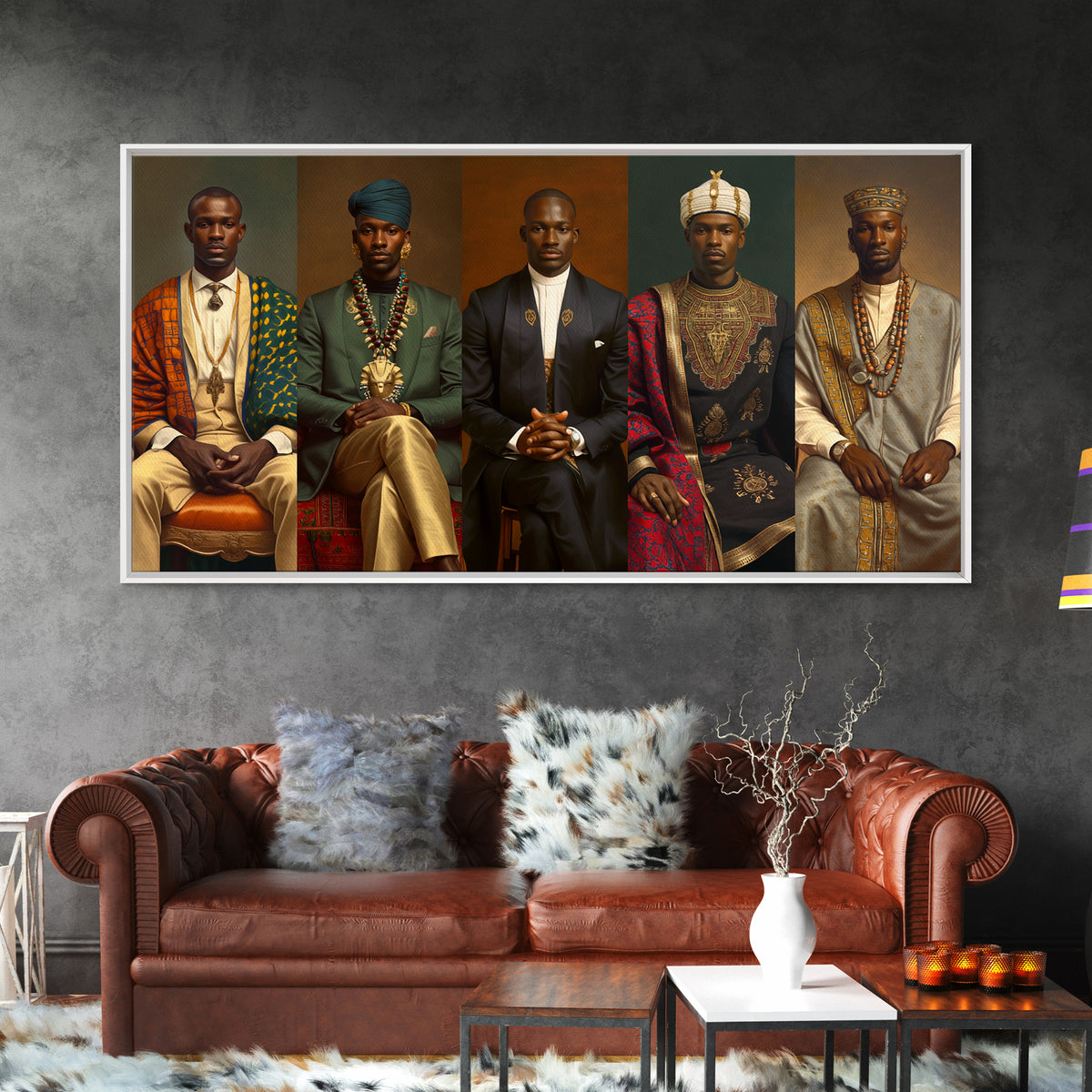 Five Regal African Kings Framed Canvas Print, Royal Portrait Wall Art, Black Men Cultural Decor, Afrocentric Home Decor Gift