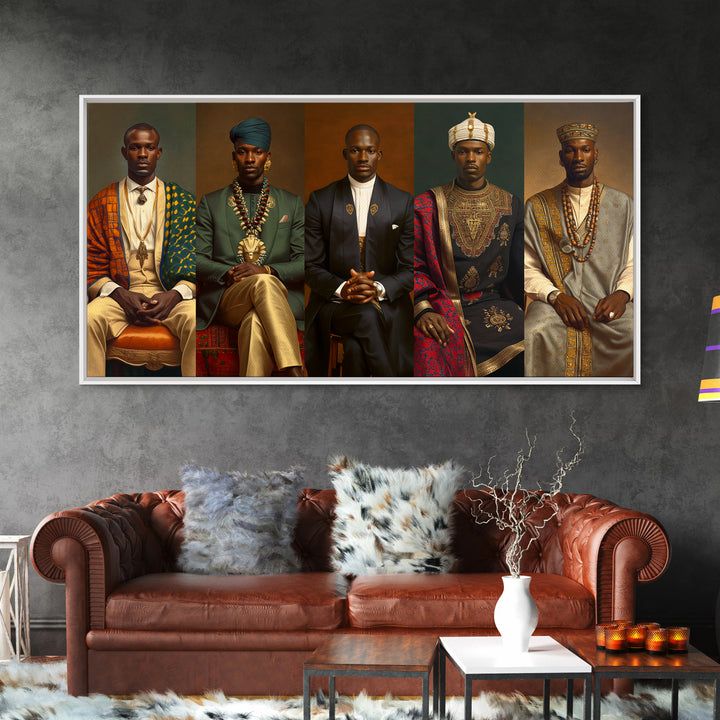Five Regal African Kings Framed Canvas Print, Royal Portrait Wall Art, Black Men Cultural Decor, Afrocentric Home Decor Gift