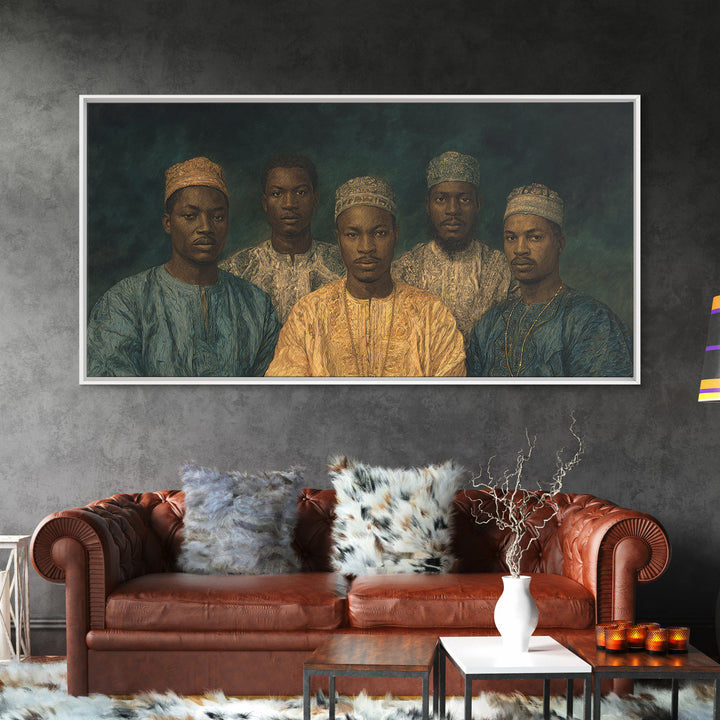 Five African Men In Gold Caps Framed Canvas Print, Textured Royal Portrait Wall Art, Blue Earth Tone Cultural Decor Gift