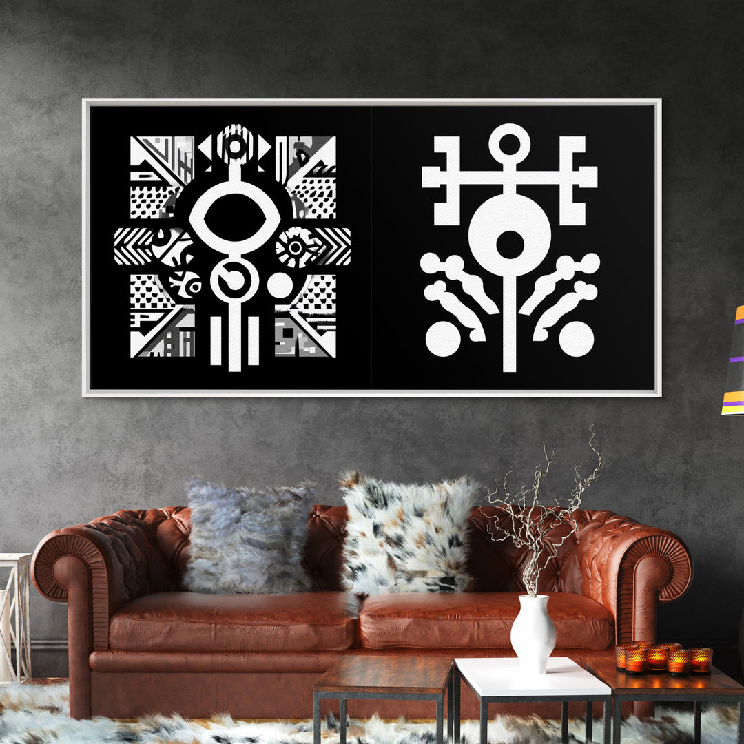 Black And White Adinkra Symbol Wall Art, African Tribal Abstract Canvas Print, Geometric Spiritual Decor, Bold Pattern Gift