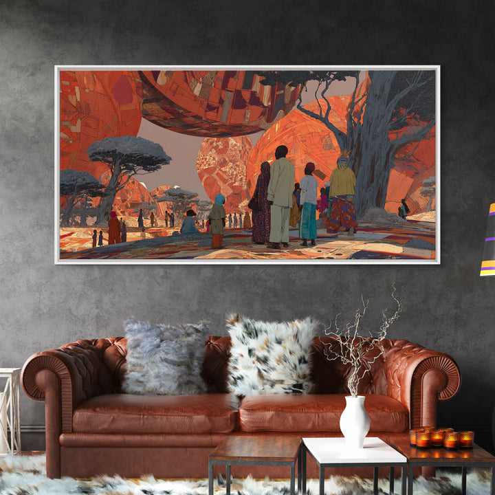Futuristic Orange Baobab Village Wall Art, African Landscape Canvas Print, Afrocentric Safari Decor, Dreamy Cultural Artwork