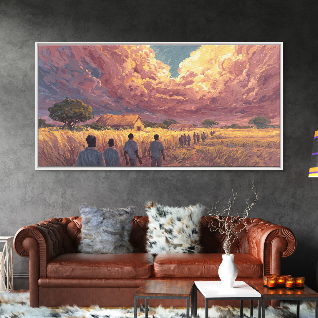 African Village Sunset Walk Wall Art, Rural Landscape Painting, Motherland Decor, African Safari Art, Boho Home Decor Gift