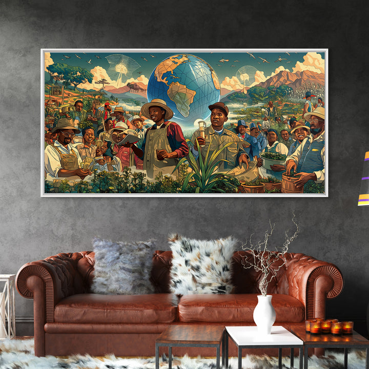 Joyful African Farmers And Floating Globe Wall Art, Afrofuturism Decor, Cultural Art Print, Colorful Africa Poster Print