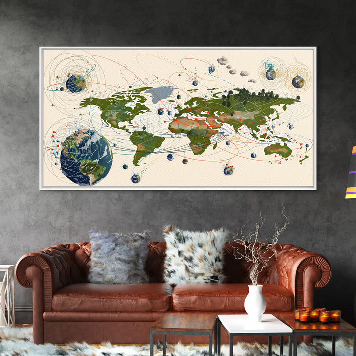 Global Network Map With Africa Orbitals Wall Art, Digital World Map Art, Modern Office Decor, Futuristic Abstract Art Print