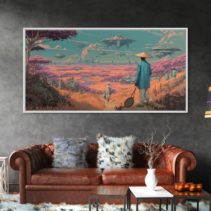 Afrofuturist Traveler In Pink Alien Savannah Canvas Print, African Sci Fi Wall Art, Dreamy Landscape, Unique Home Decor