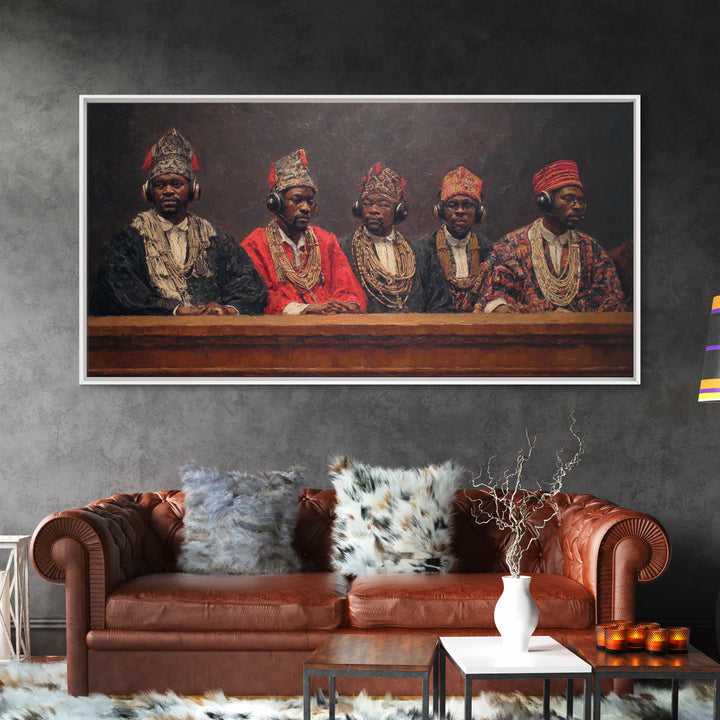 Traditional African Tribunal With Ornate Hats Wall Art, Tribal Queen Art, Cultural Portrait, Black History Gift, Bold Decor