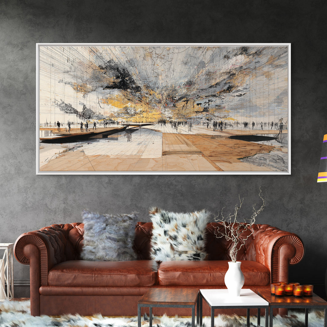 Stormy Urban Horizon Wall Art, Abstract African Inspired Cityscape Canvas Print, Modern Office Decor For Living Room Decor