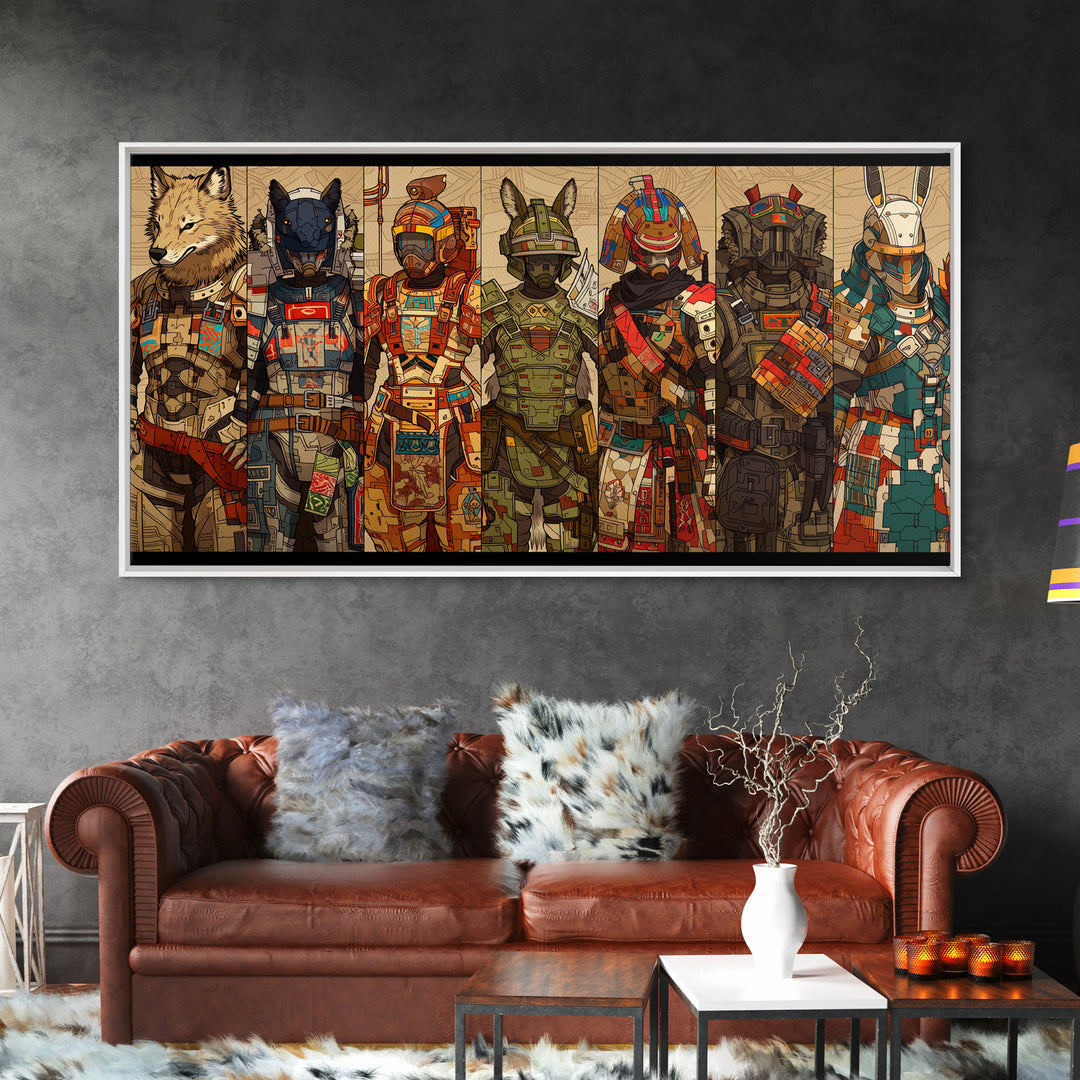 Cyber Animal Warriors Wall Art, Afrofuturism Canvas Print, African Tribal Art, Bold Gaming Room Decor For Collectors Gift