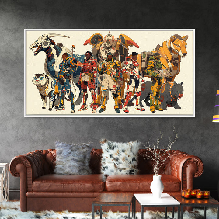 Futuristic African Riders Wall Art, Afrofuturism Canvas Print, Animal Warrior Art Decor For Kids Gaming Room Gallery Decor