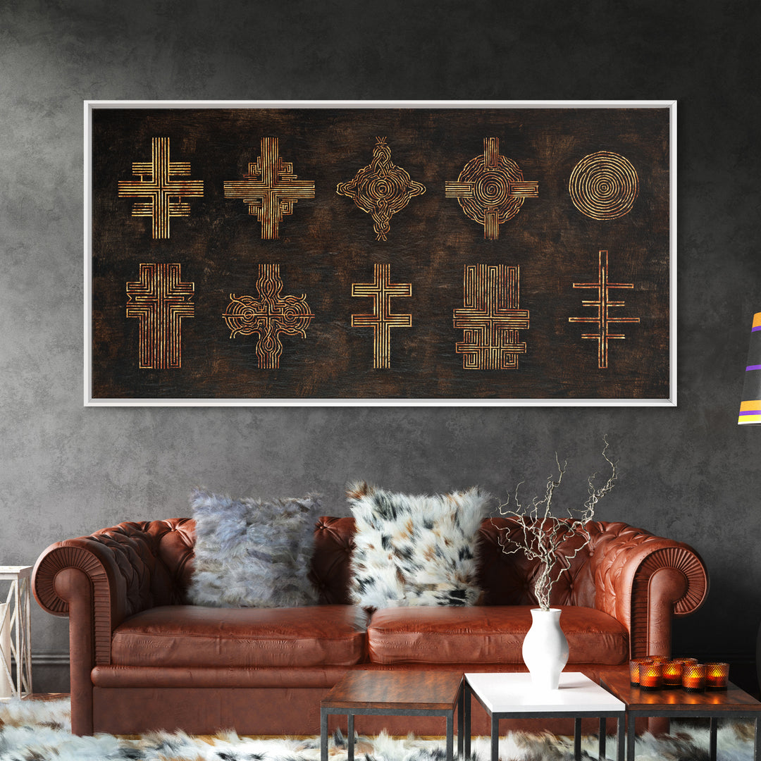Gold Tribal Cross Symbols On Dark Texture Wall Art, African Patterns, Abstract African Art, Cultural Wall Decor, Modern Canvas