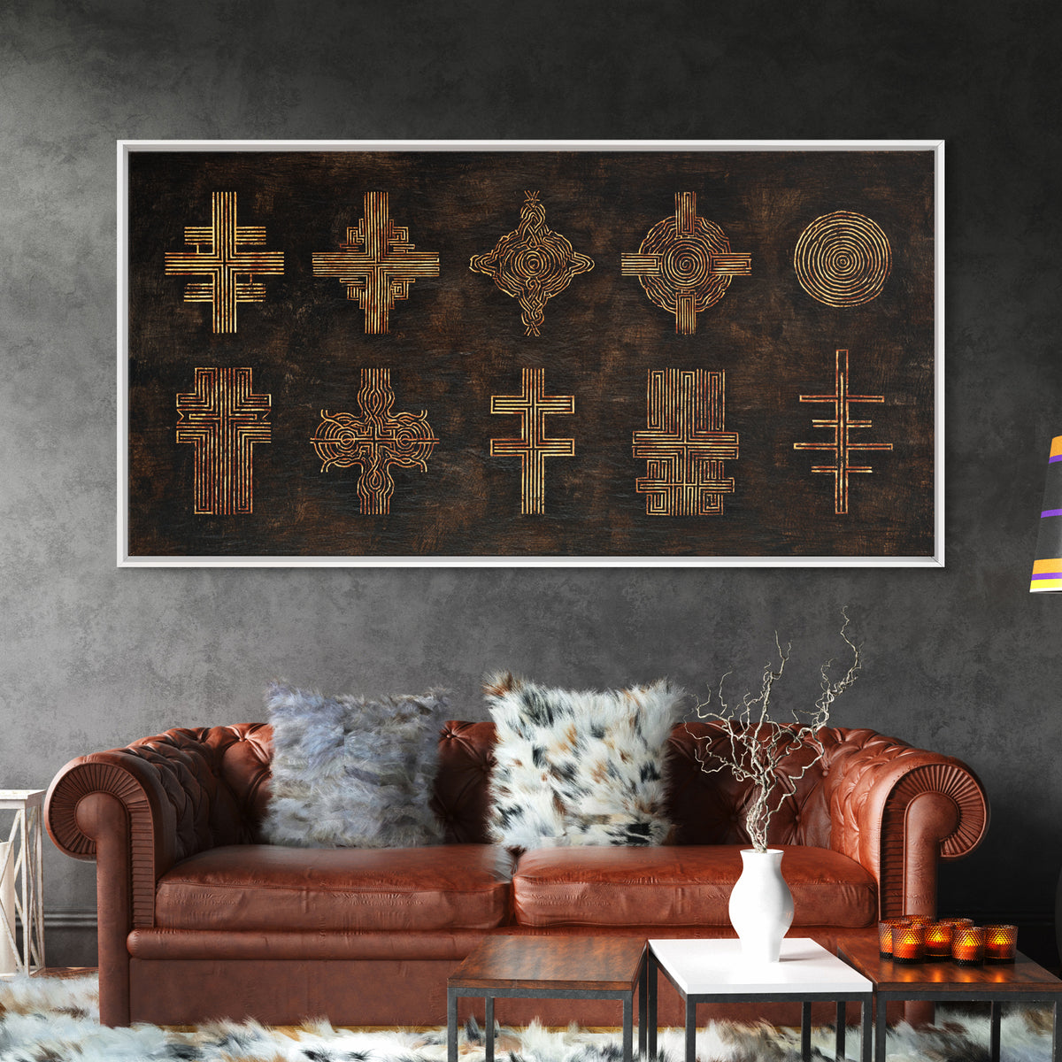 Gold Tribal Cross Symbols On Dark Texture Wall Art, African Patterns, Abstract African Art, Cultural Wall Decor, Modern Canvas