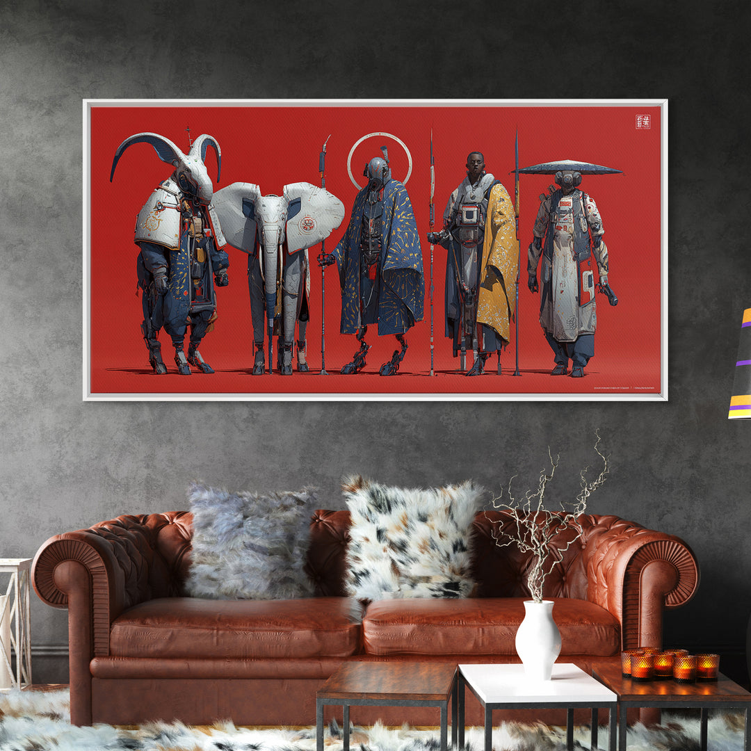 Afrofuturist Warriors With White Elephant Framed Canvas Print, African Warrior Art, Afrocentric Wall Art, Bold Home Decor