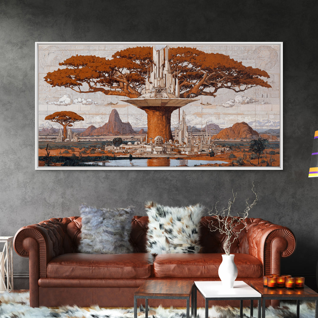Sepia Baobab Tree Megacity In African Landscape Wall Art, African Tree, African Safari Art, Earth Tone Wall Art, Home Decor