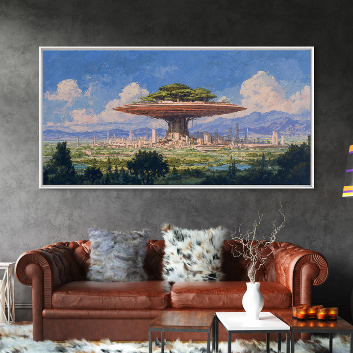 Floating Acacia Tree City Under Blue Sky Canvas Print, African Landscape, Modern Canvas Art, Serengeti Wall Art, Unique Home Decor