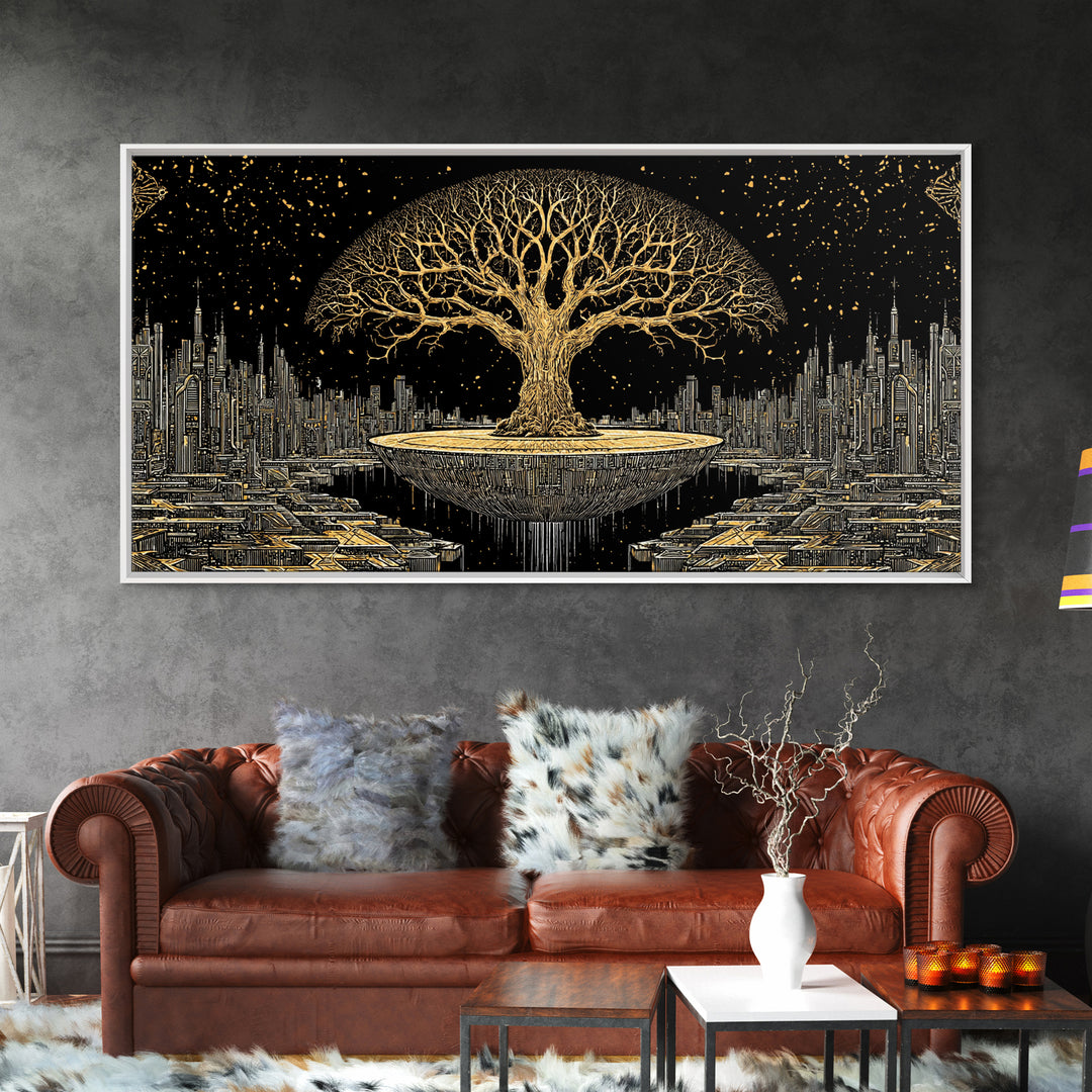 Golden Tree Of Life Over Futuristic City Wall Art, Black And Gold Art, Spiritual Wall Art, African Inspired, Statement Decor