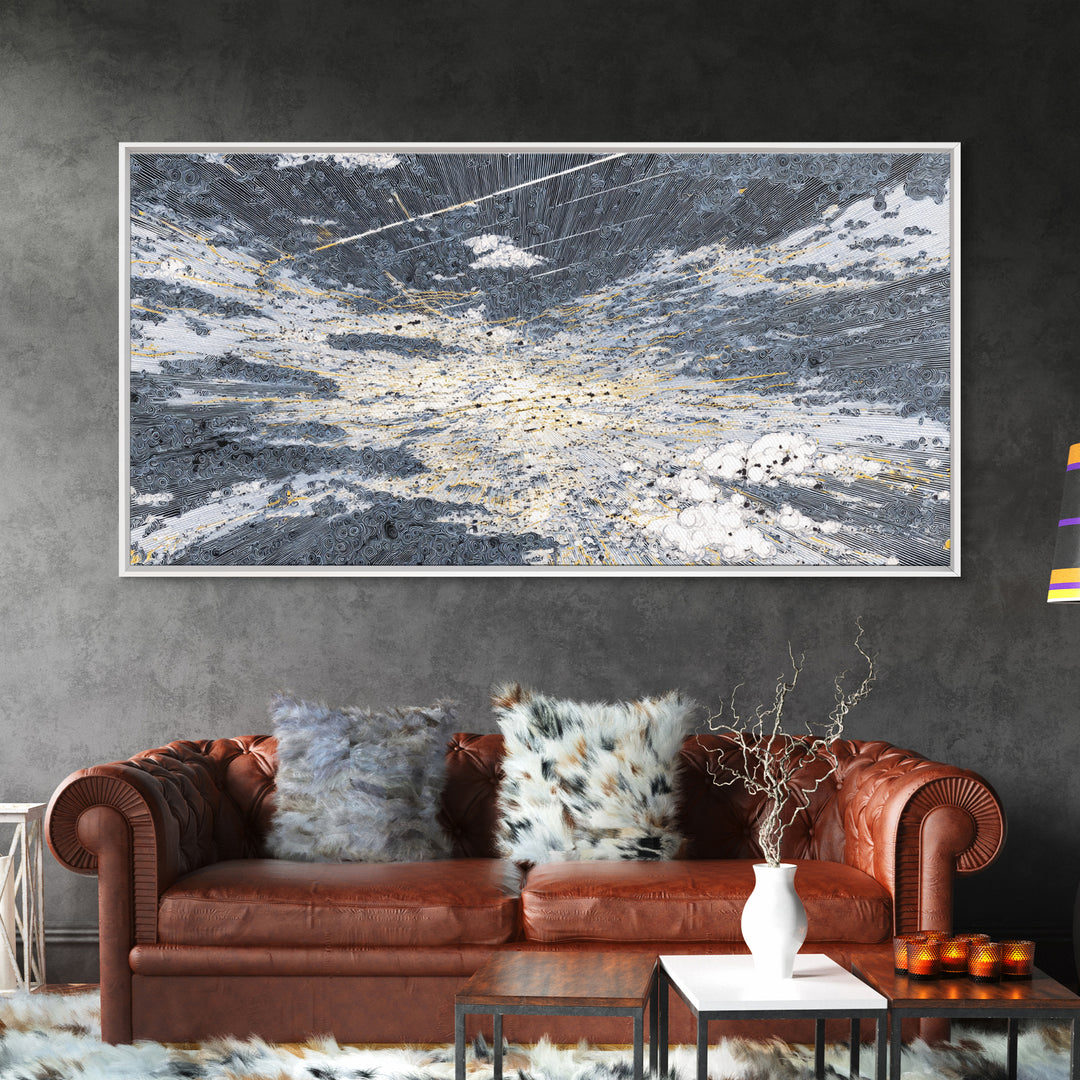Abstract Ocean Clouds With Gold Network Wall Art, Textured Art Print, Blue Gray Modern Art, Dreamy Wall Art, Office Decor
