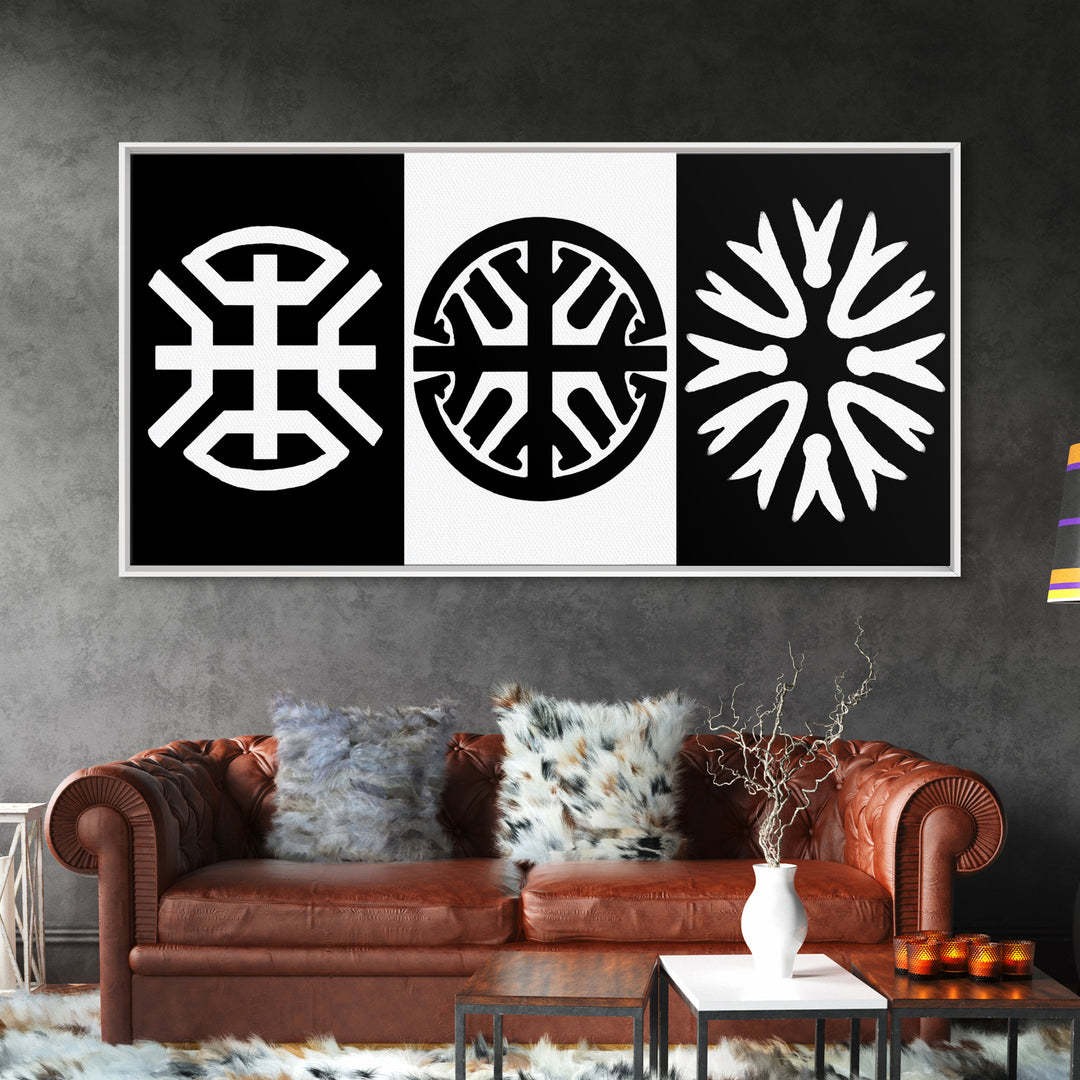 Black White Tribal Symbols Framed Canvas Print, Geometric Abstract Wall Art, African Inspired Decor, Minimalist Office Art