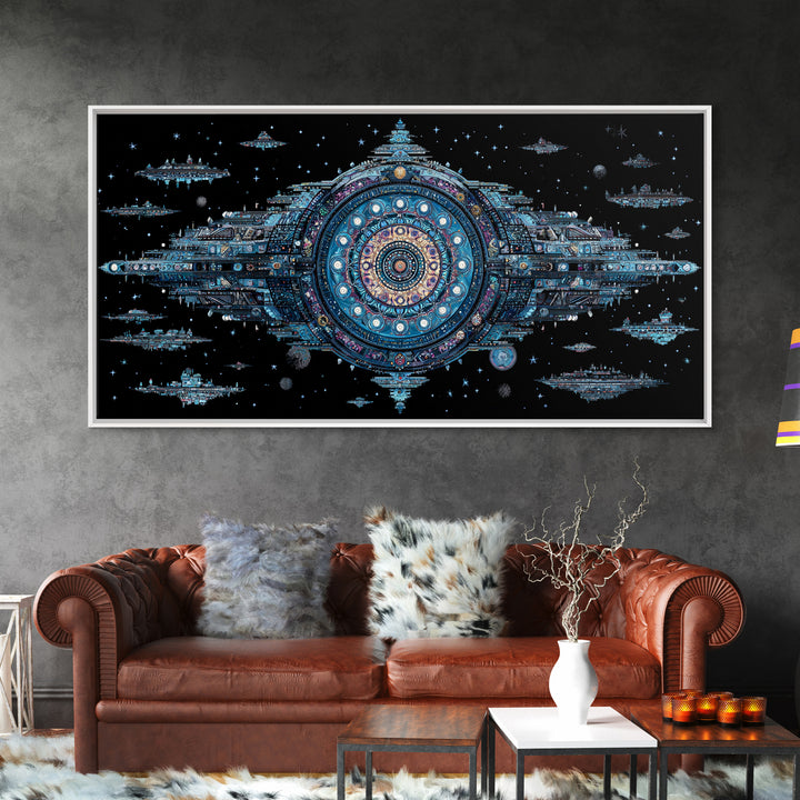 Ornate Cosmic Space Station Canvas Print, Blue Sci Fi Mandala Wall Art, Futuristic Digital Art, Modern Office Decor Gift