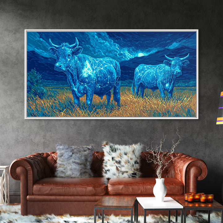 Glowing Blue Bulls In Moonlit Field Wall Art, Animal Landscape Painting, Nature Canvas Decor, Rustic Farmhouse Gift For Home