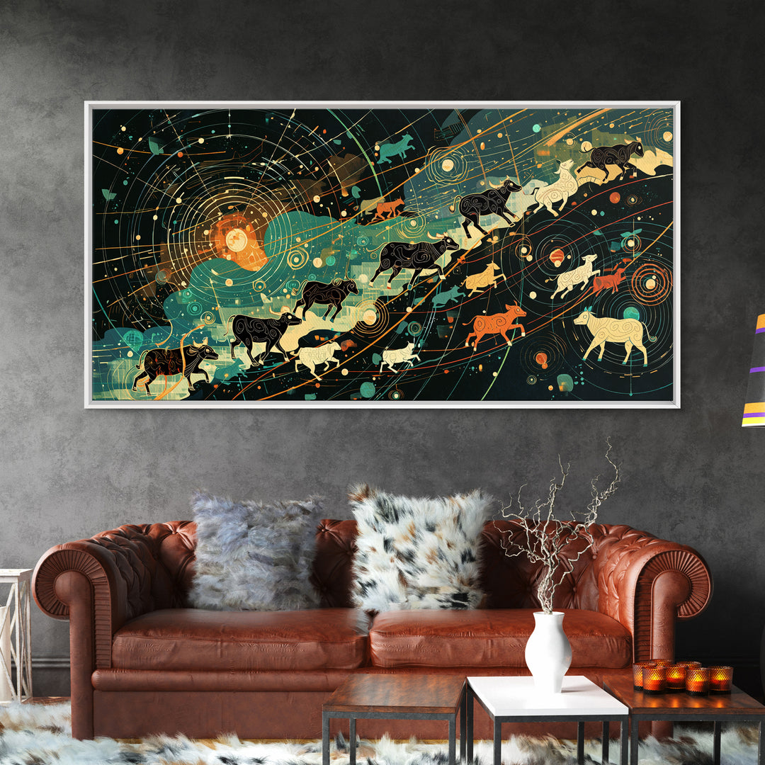 Cosmic Cattle Migration Canvas Print, Abstract Animal Wall Art, Modern Farm Decor, Earth Tone Office Art, Unique Home Gift