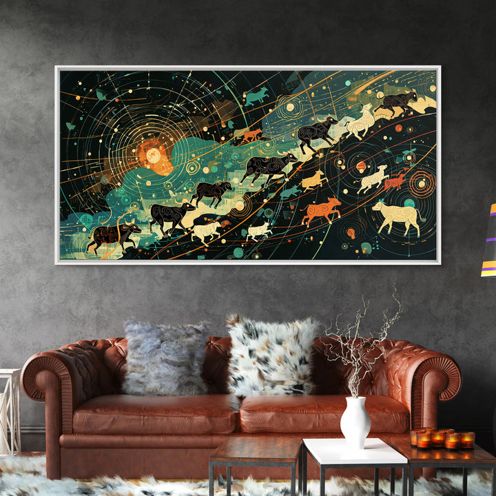 Cosmic Cattle Migration Canvas Print, Abstract Animal Wall Art, Modern Farm Decor, Earth Tone Office Art, Unique Home Gift