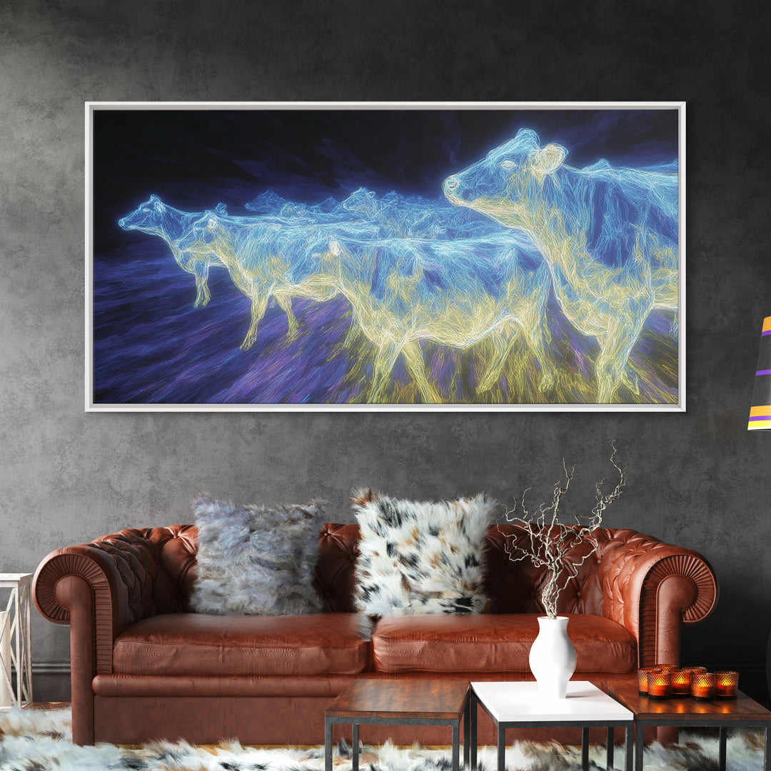 Electric Blue Cows Framed Canvas Print, Glowing Animal Wall Art, Modern Digital Farm Decor, Statement Office Art, Blue Home Decor