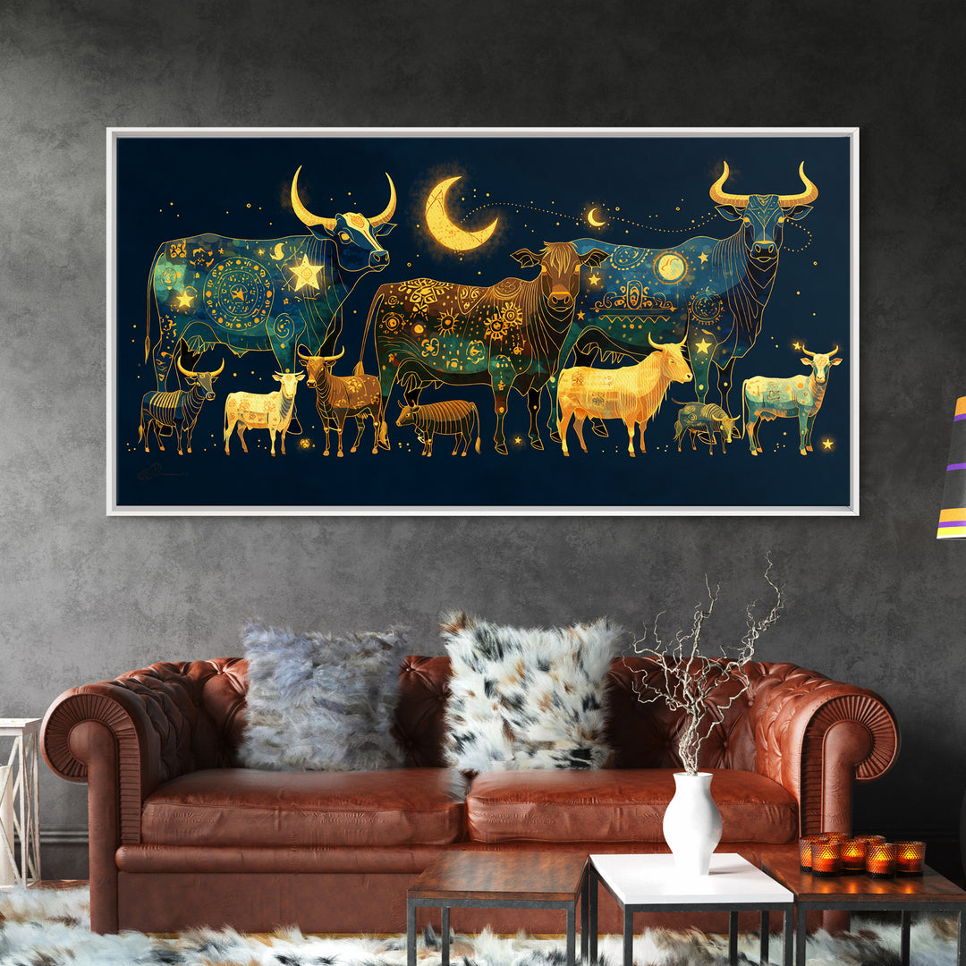 Celestial Folk Cattle And Goats Wall Art, Gold Blue Animal Canvas Decor, Moon Stars Farm Painting, Boho Home Decor Gift For Her