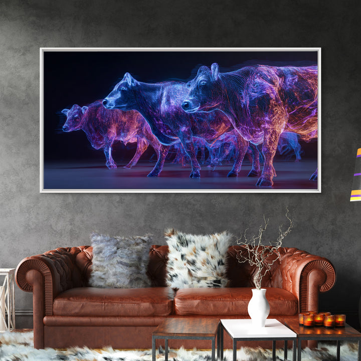 Neon Blue And Purple Cows Canvas Print, Glowing Animal Wall Art, Modern Digital Farm Decor, Bold Office Art, Unique Gift