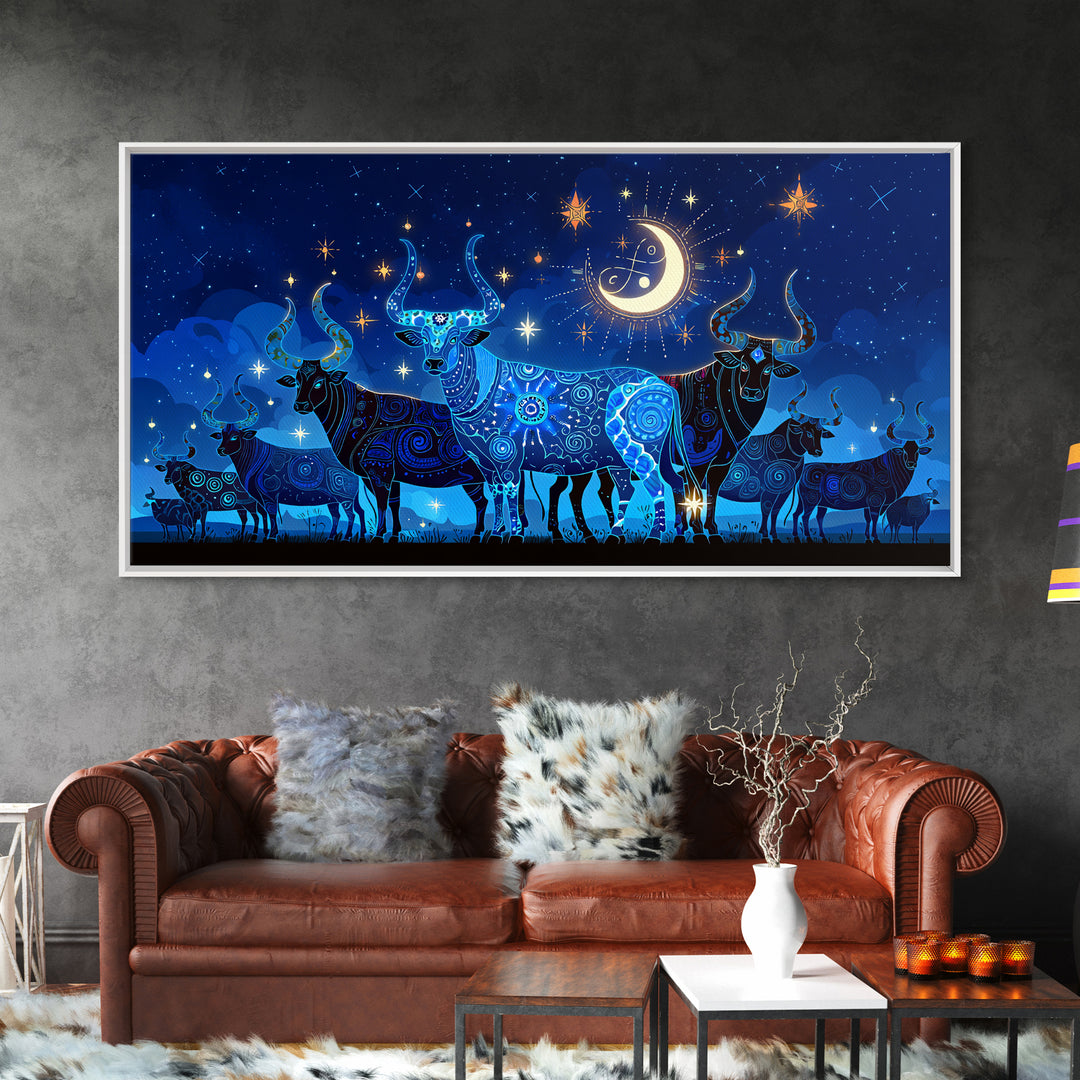 Starry Blue Cattle Under Crescent Moon Wall Art, Celestial Animal Canvas Decor, Night Sky Painting, Boho Home Decor Gift