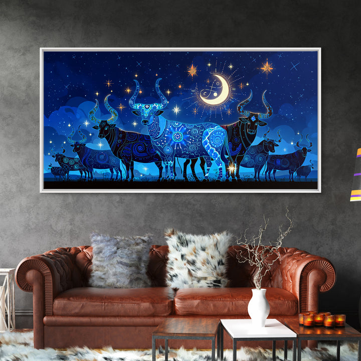 Starry Blue Cattle Under Crescent Moon Wall Art, Celestial Animal Canvas Decor, Night Sky Painting, Boho Home Decor Gift