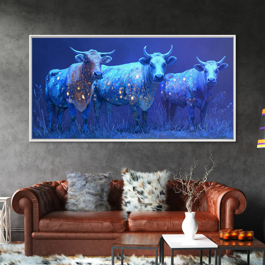 Glowing Blue African Cattle Under Moonlight Canvas Print, Safari Animal Wall Decor, Modern African Art, Blue Living Room Art
