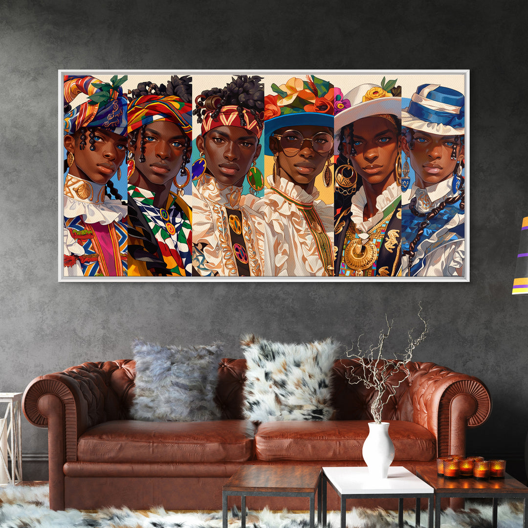 Elegant African Women In Hats And Headwraps Framed Canvas Print, Modern Fashion Portrait Wall Decor, Black Beauty Art Gift