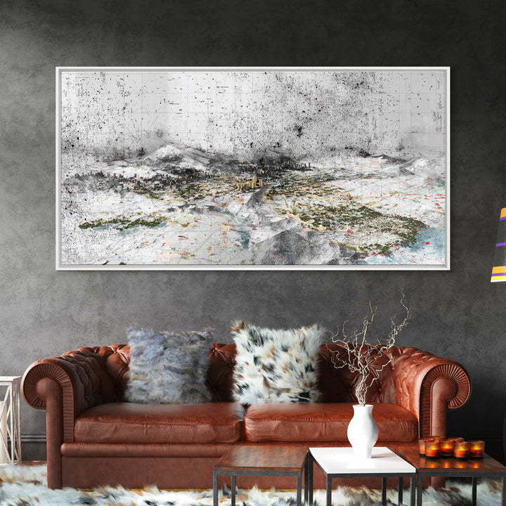 Monochrome Abstract Future City Wall Art, African Inspired Urban Landscape Print, Modern Office Decor, Large Canvas Decor
