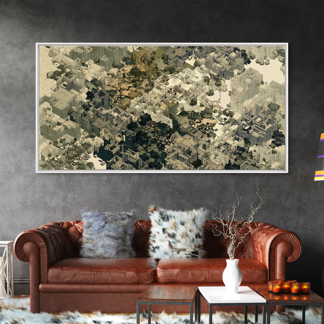 Sepia Isometric Floating City Canvas Print, African Inspired Urban Architecture, Abstract Wall Decor, Modern Office Art Gift