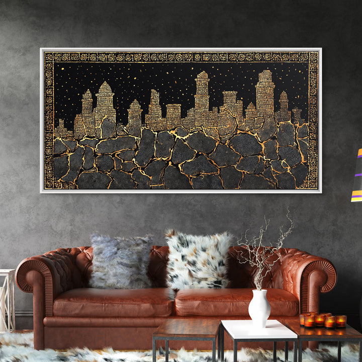 Black Gold Skyline And Cracked Earth Wall Art, African Inspired Cityscape, Luxury Canvas Decor, Bold Statement Home Decor