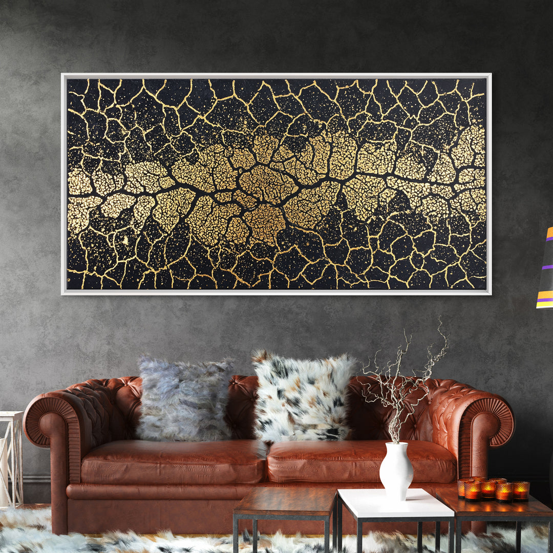 Black Gold Cracked Mosaic Wall Art, African Abstract Pattern, Luxury Canvas Decor, Earth Tone Statement Piece For Living Room