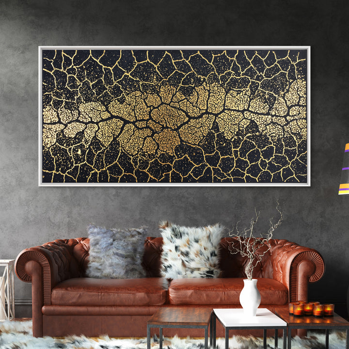 Black Gold Cracked Mosaic Wall Art, African Abstract Pattern, Luxury Canvas Decor, Earth Tone Statement Piece For Living Room