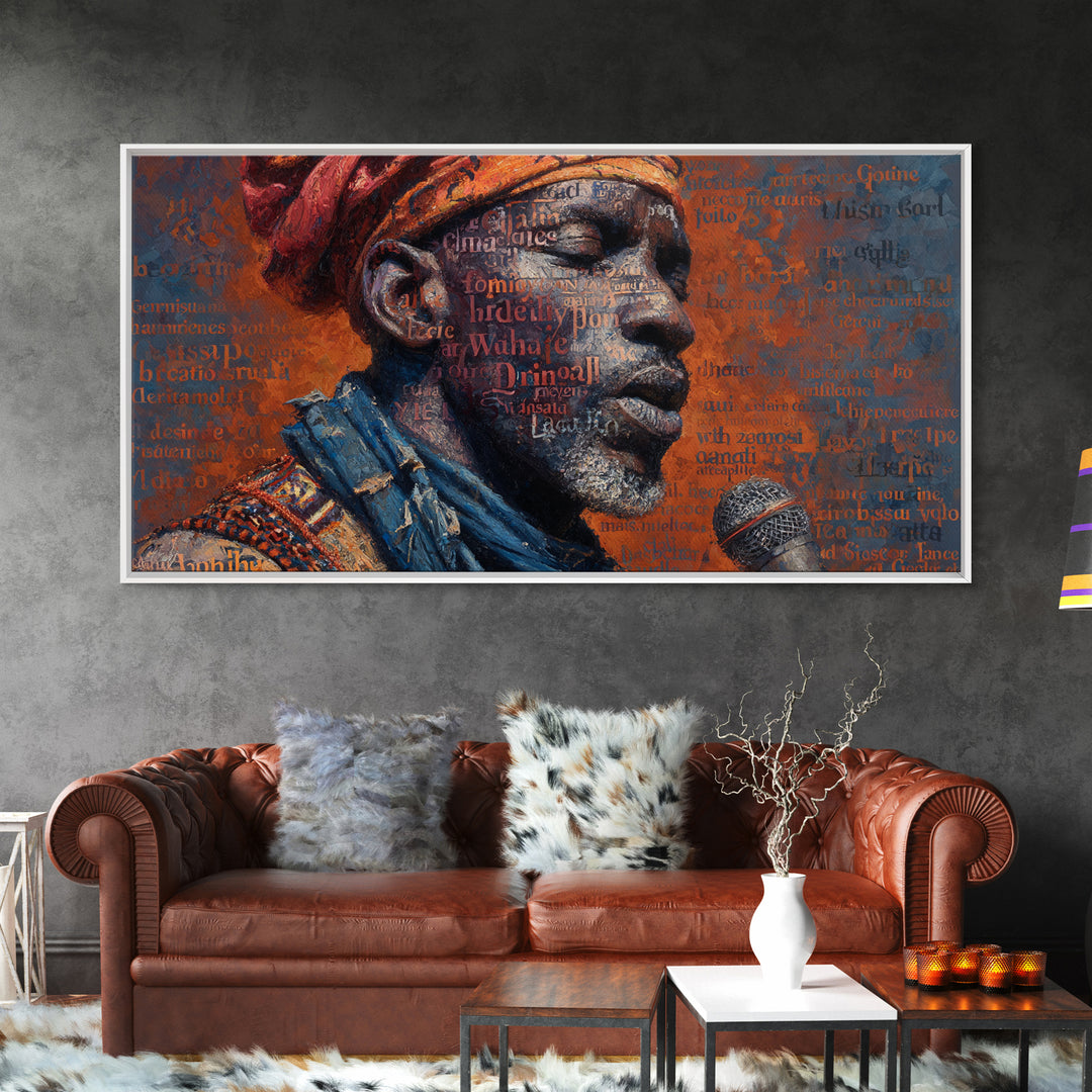 African Man Profile With Microphone Canvas Print, Typography Portrait In Red And Blue, Black Culture Wall Decor Gift For Him