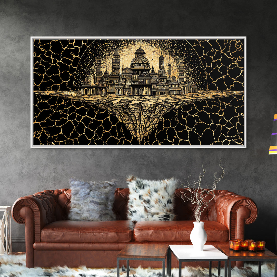 Golden African Kingdom City Wall Art, Black And Gold Geometric Decor, Afrocentric Spiritual Art, Luxury Canvas Print Poster