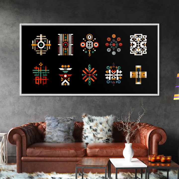 Modern African Geometric Symbols Wall Art, Abstract Tribal Patterns, Afrocentric Decor, Black Culture Art Canvas Print Set