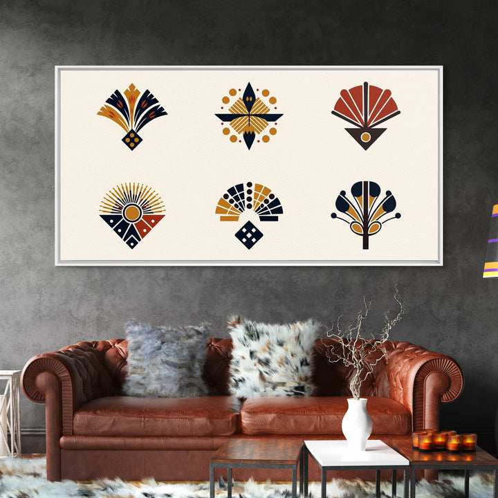 Minimal African Fan Motif Wall Art, Boho Geometric Pattern Decor, Abstract African Art, Earth Tone Canvas Print Set Gift