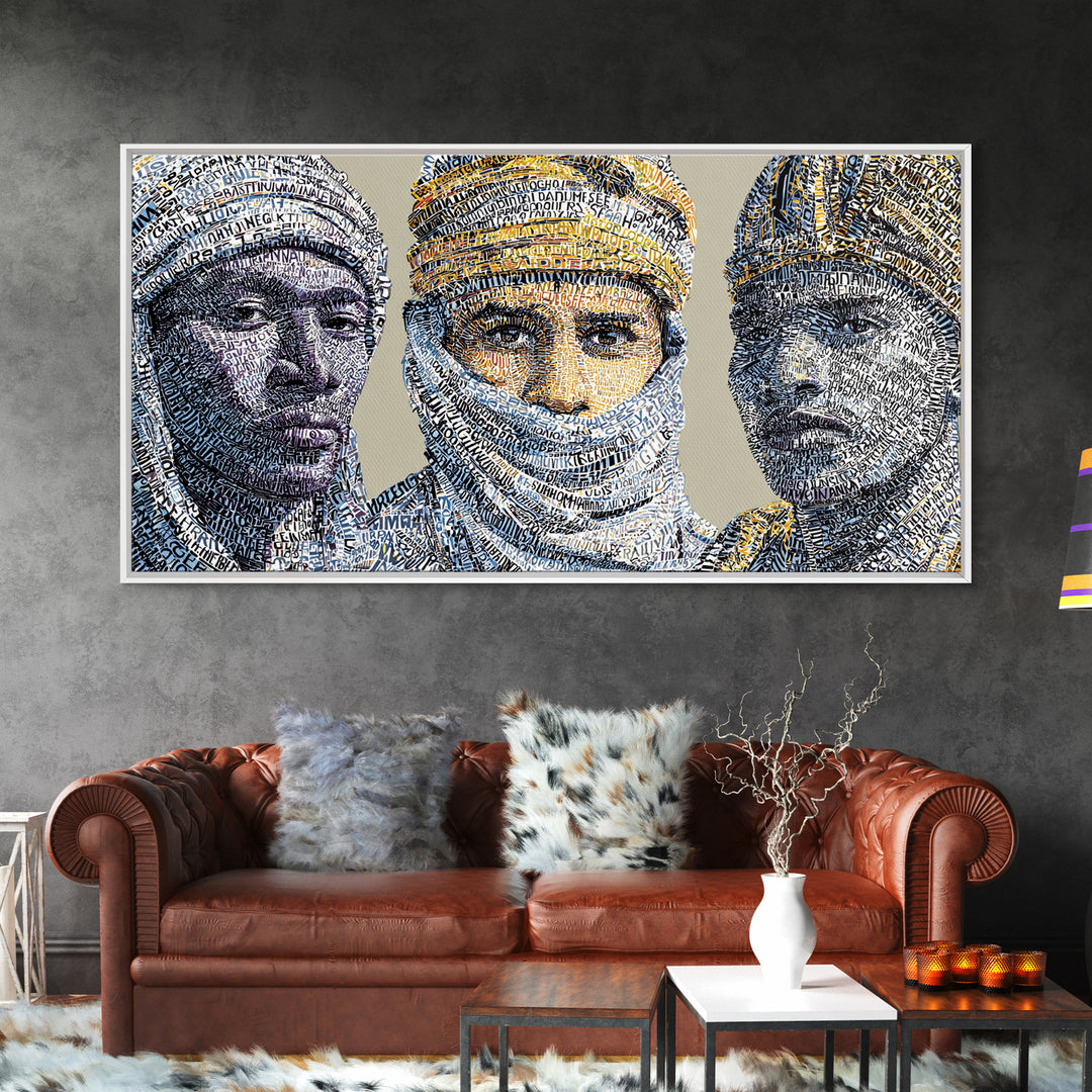 North African Tuareg Portrait Trio Canvas Print, Blue Desert Nomad Wall Art, Modern African Art Prints For Home Decor Gift