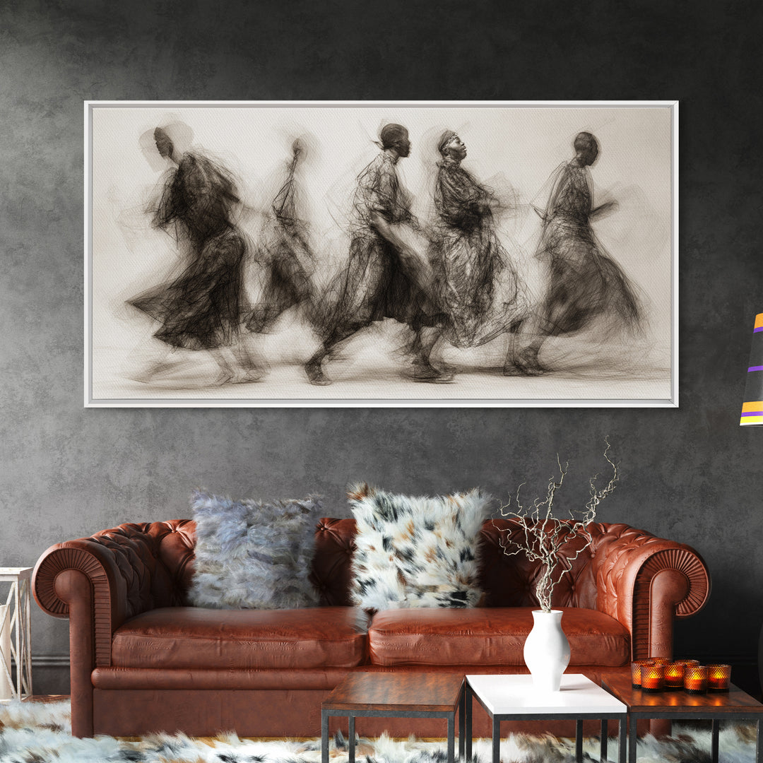 Charcoal African Procession Silhouettes Wall Art, Traditional African Decor, Cultural Canvas Print For Living Room Home Decor Gift