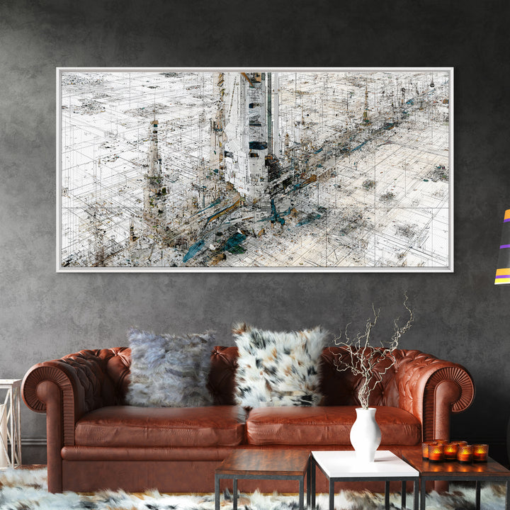 White Abstract City Map Canvas Print, Geometric Architecture Wall Art, Minimalist Modern Office Decor Gift For Home And Living Room