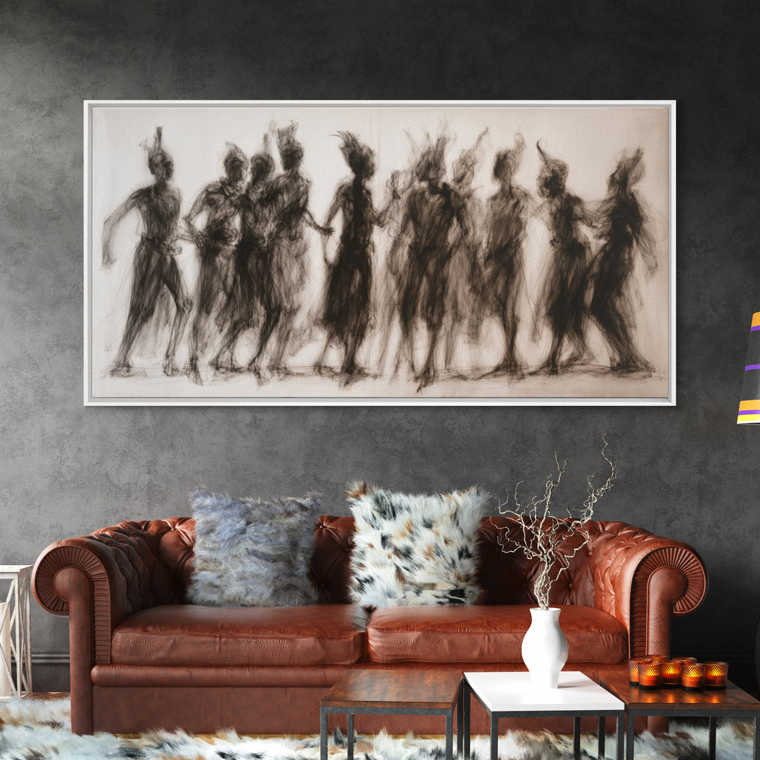 Charcoal African Women Dance Silhouettes Wall Art, Feminine Cultural Canvas Print, Afrocentric Decor Gift For Home Living Room