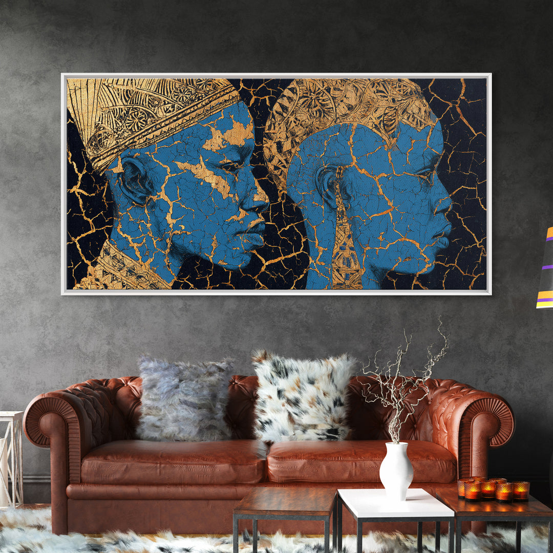 Blue And Gold Cracked African Faces Wall Art, Modern Afrocentric Canvas Print For Luxury Decor, Cultural Home Decor Gift