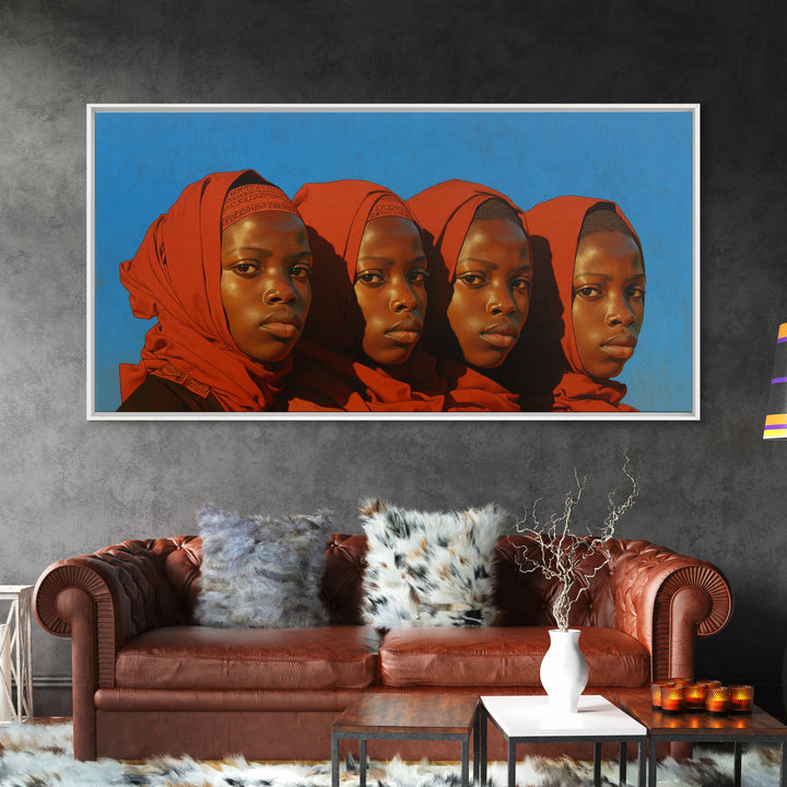Four African Women In Red Headwraps Wall Art, Black Woman Canvas Print For Afrocentric Decor, Portrait Wall Art, And Gifts