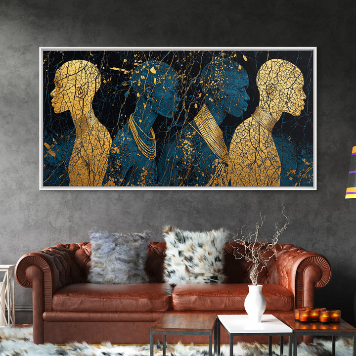 Gold And Teal African Women Silhouettes Wall Art, Afrocentric Black Woman Portrait, Luxury Canvas Decor, Black Gold Print