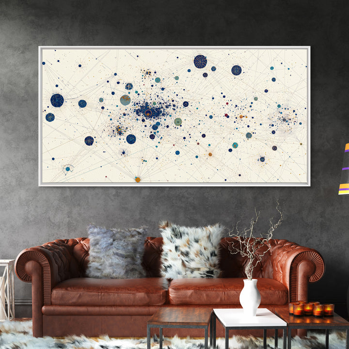 Cream Blue Gold Dot Constellation Network Wall Art, Abstract Geometric Canvas Print, Minimalist Modern Office Decor Gift